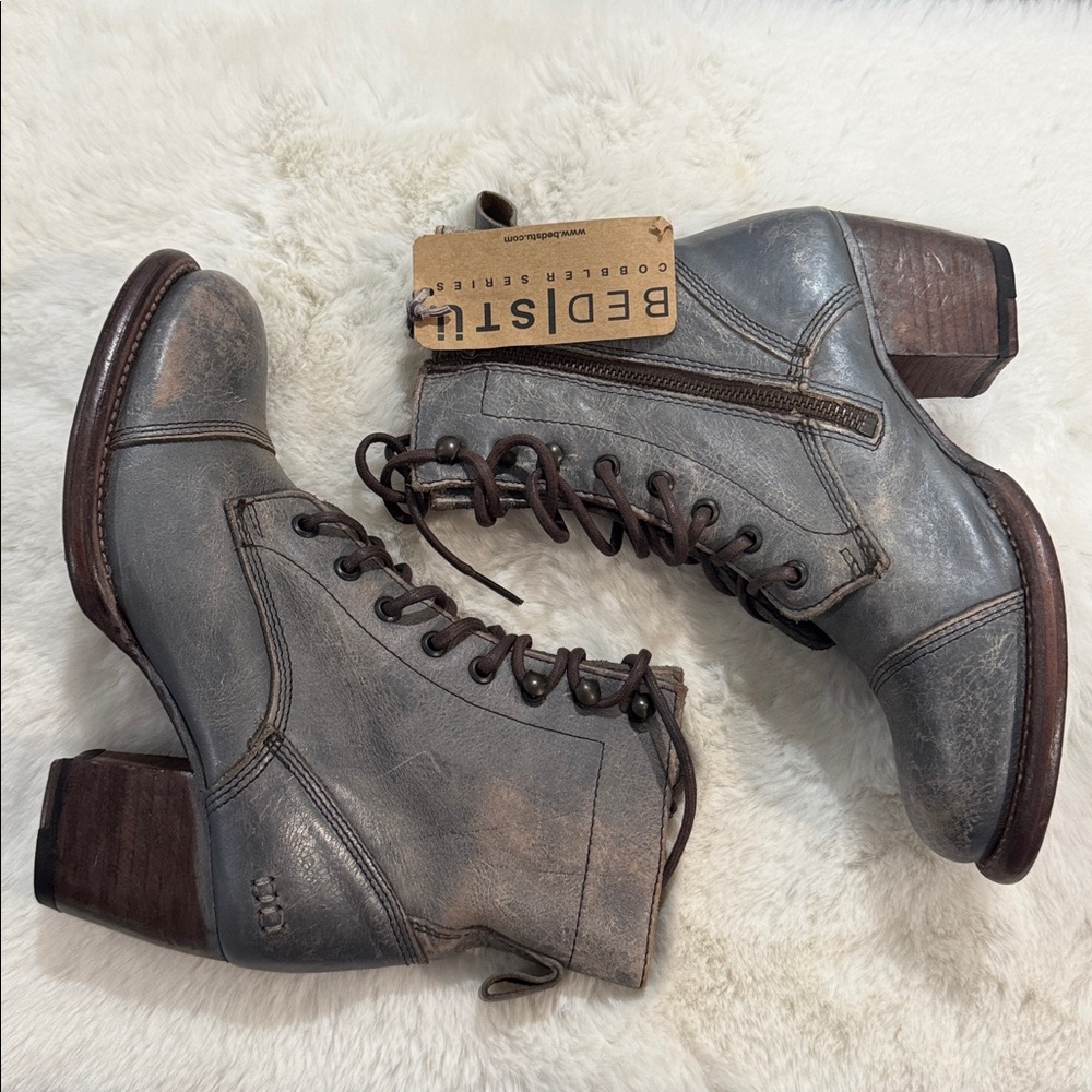 BED|STU Distressed Gray Leather Heeled Boots - Picture 3 of 13